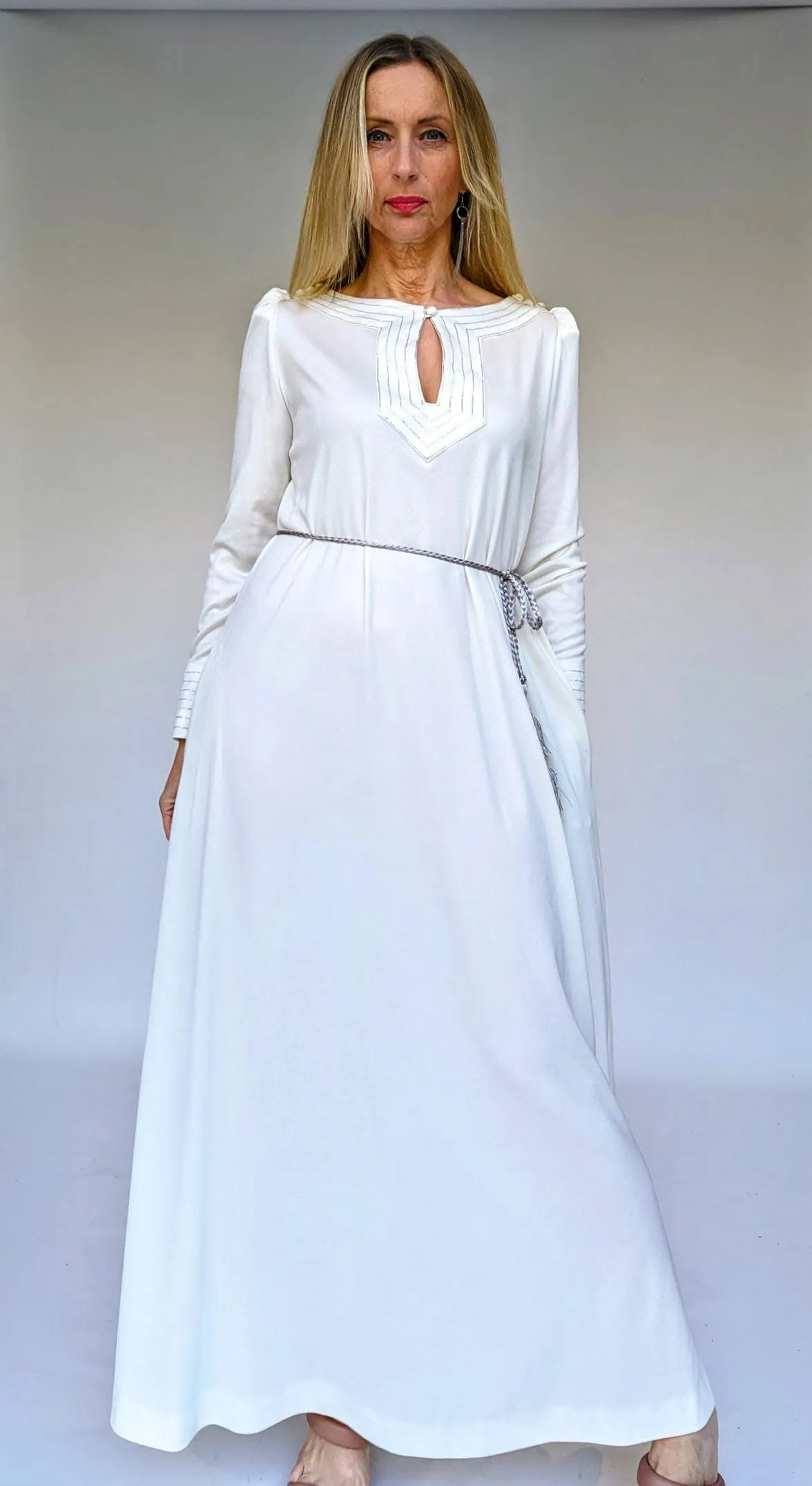 1970s Jean Varon Long White Maxi Evening Dress with Silver Stitching Design and Pockets