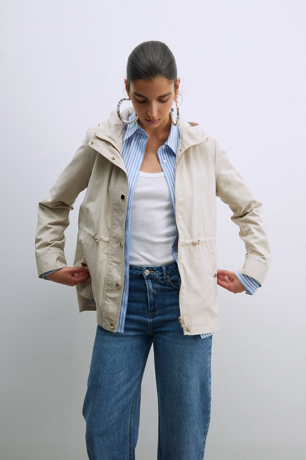 Hooded Parka W Snitched Waist - Grey