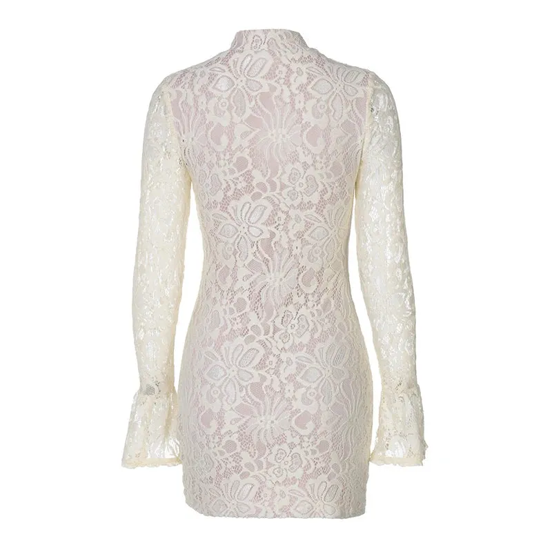 Sexy Lace Hollow Out Long Sleeve Half High Collar Party Dress