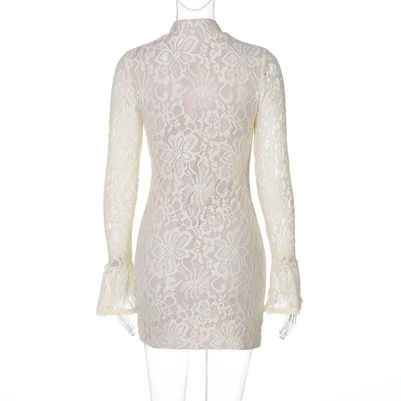 Sexy Lace Hollow Out Long Sleeve Half High Collar Party Dress