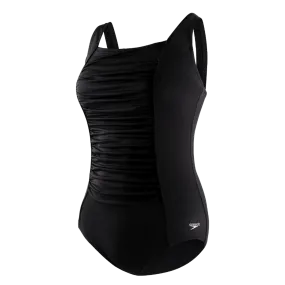 Speedo Plus Solid Shirred Tank Fitness One Piece Swimsuit - Black
