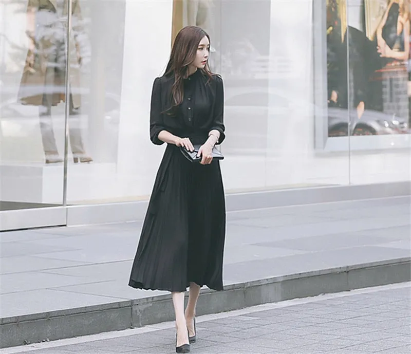 Women Pleated Dress Full Sleeve Slim Waist A-line Dress - WD8140